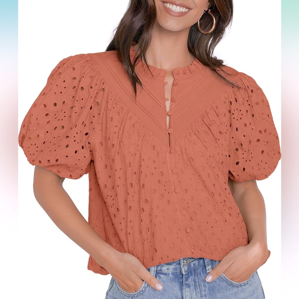 NWT TARSE Lined Eyelet Blouse Short Puff  Sleeve Button Down V Neck 2 XL Peach